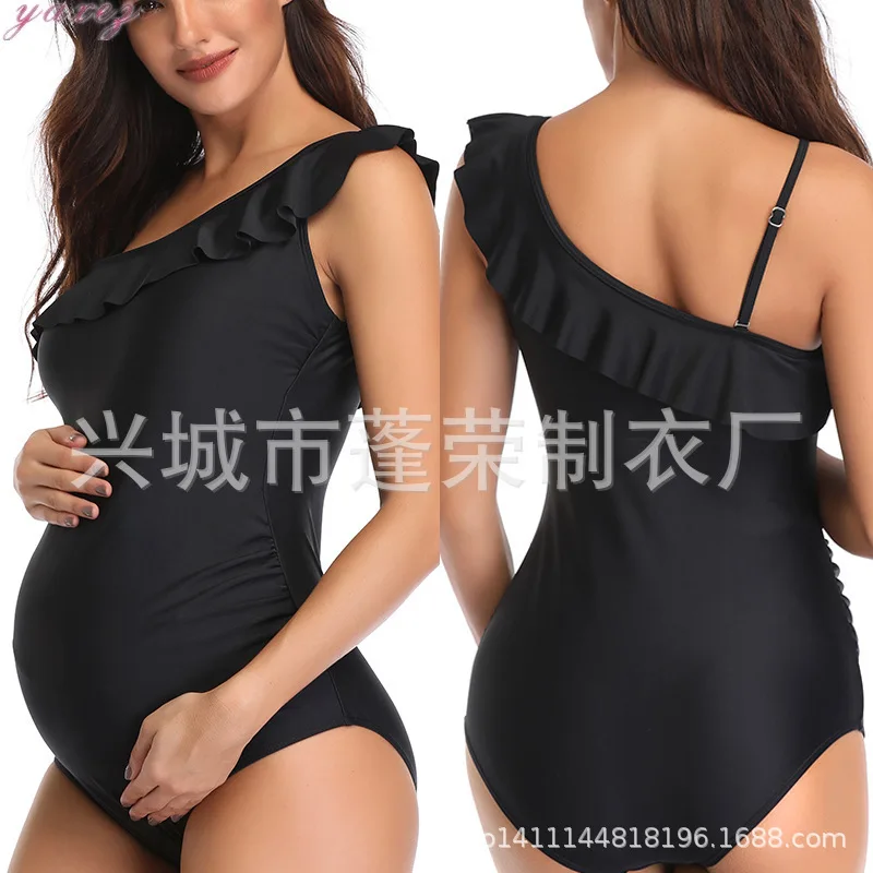 

Ruffle Black 5XL Pregnant Sloping Shoulder Solid Color Swimsuit Swimwear Women Push Up Highwaiste Bikini Bathing Suit Plus Size