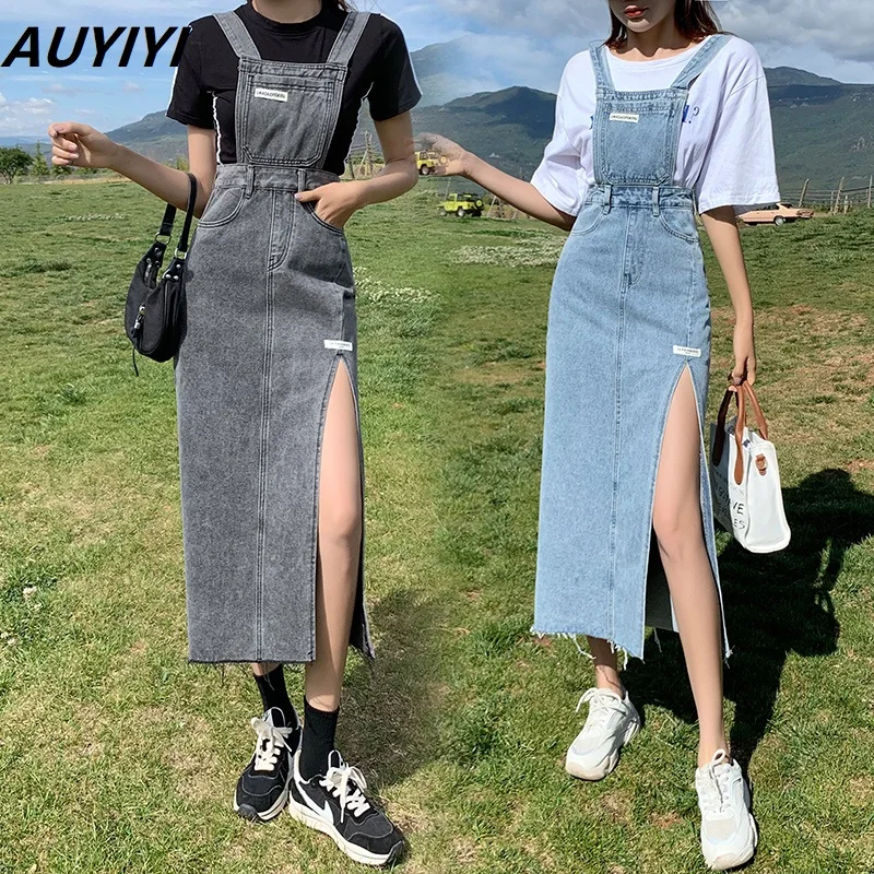 

AUYIYI 2021 Fashion New Casual Loose Retro Slim Side Slit Black And Gray Denim Strap Dress Mid-Length Suspender Dress