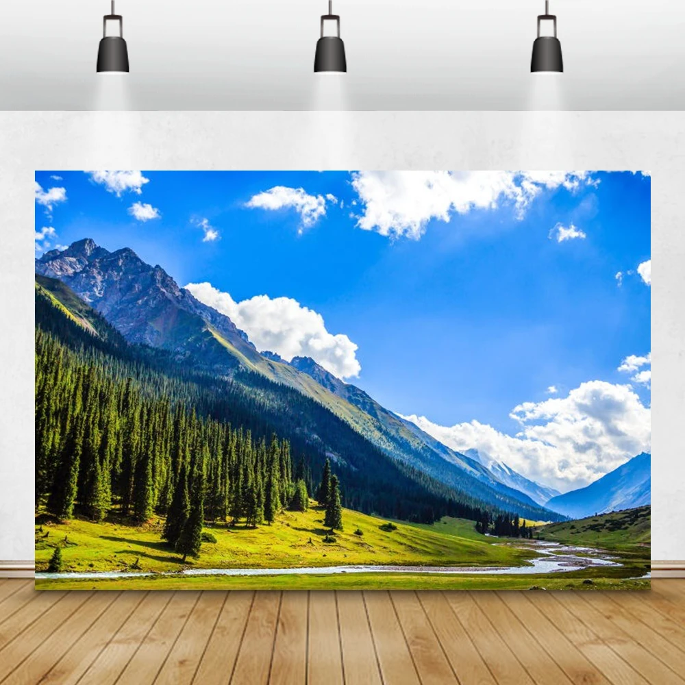 Весенние штаны синего и голубого неба белых облаков горы деревья река Живописный