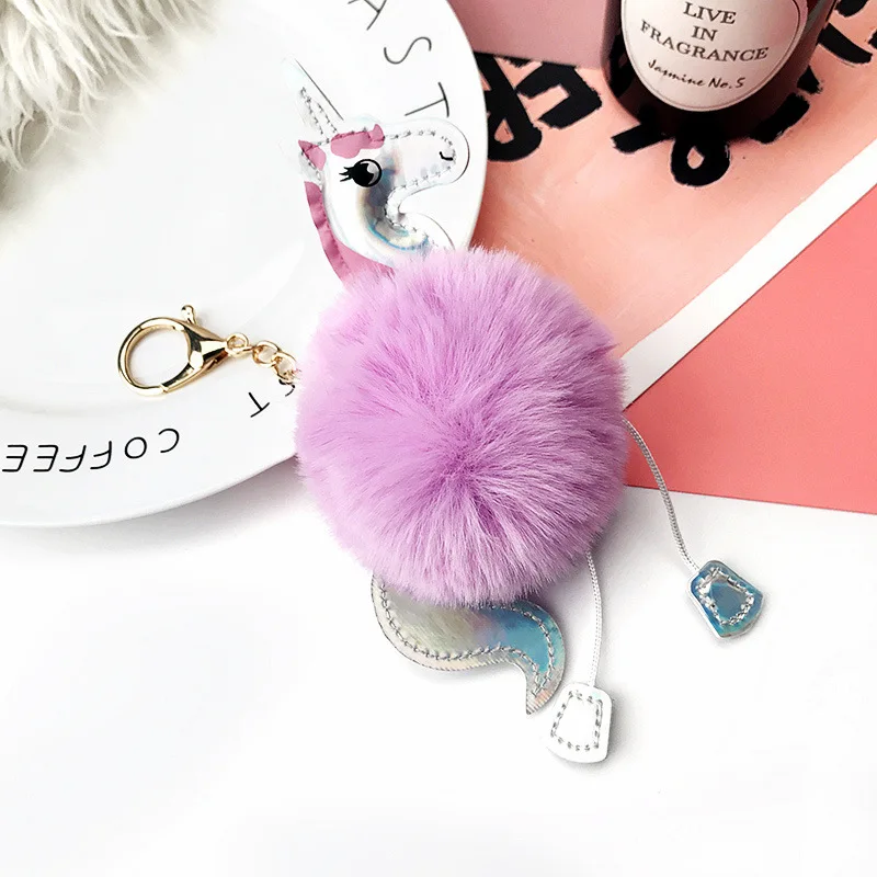 Cute Unicorn pompom Keychain Fluffy Fake Rabbit fur ball Keychains For Women Bag Charm Pendant Fashion Car Keyring Birthday gift | Украшения