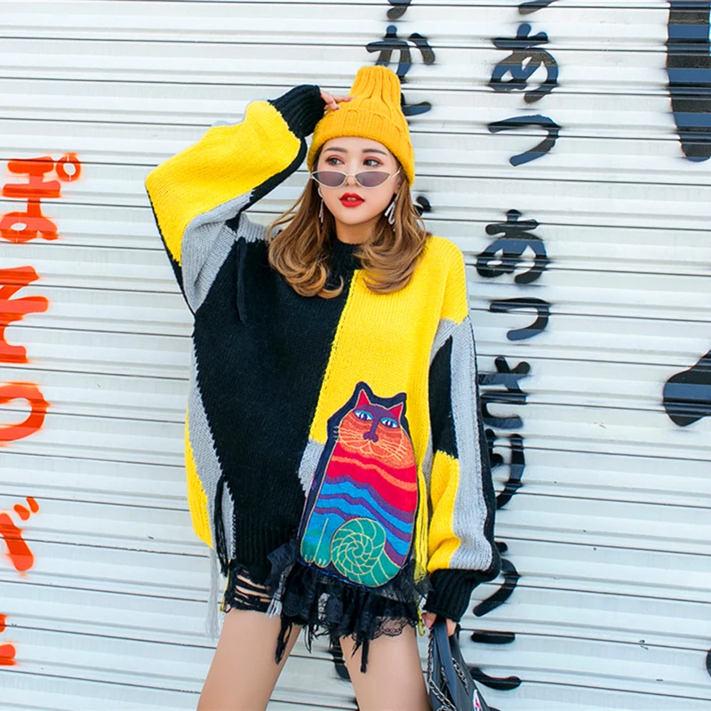 QIN GMO Casual Women Pullovers Sweater 2021 Spring Autumn Cat Appliques Female Patchwork Color ZQY5231 | Женская одежда