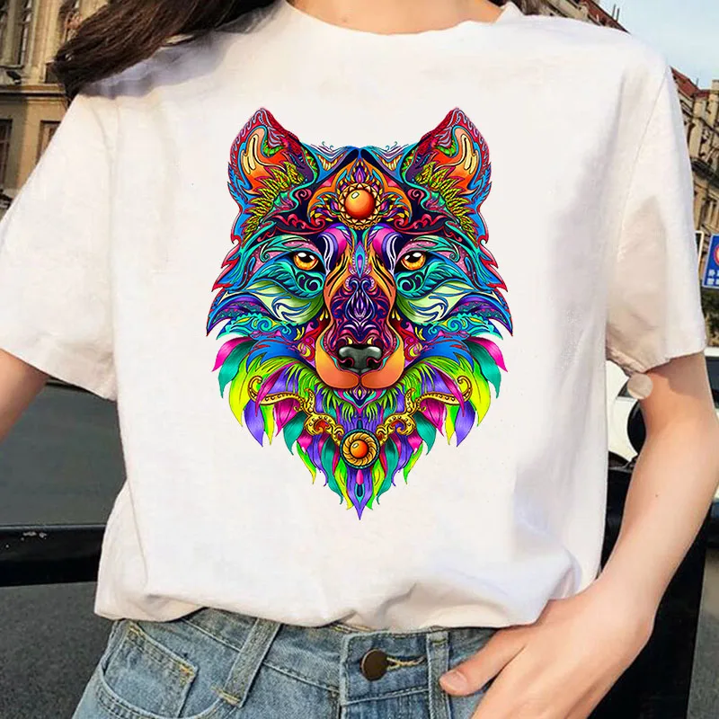 

WK New Summer T-Shirt wolf Printed Tshirt Woman Cartoon graphic tee Anime Harajuku Tshirt Ullzang Female Streetwear Tops