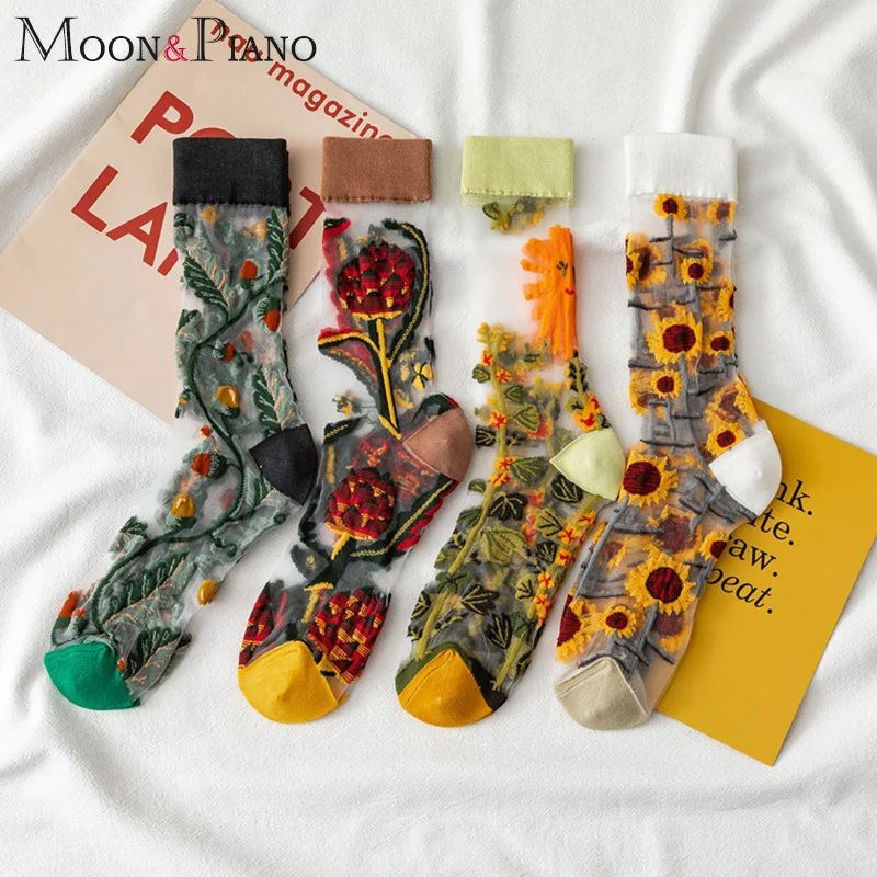 

Fashion Women Socks Summer Thin Retro Flowers Glass Transparent Cotton Comfortable Breathable European and American Style Sock