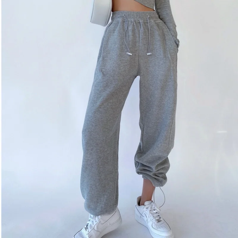 

lady Solid Color High Waist Drawstring Sweatpants Loose Thin Straight Pants Women Casual Sports Trousers Korean Fashion 0J9