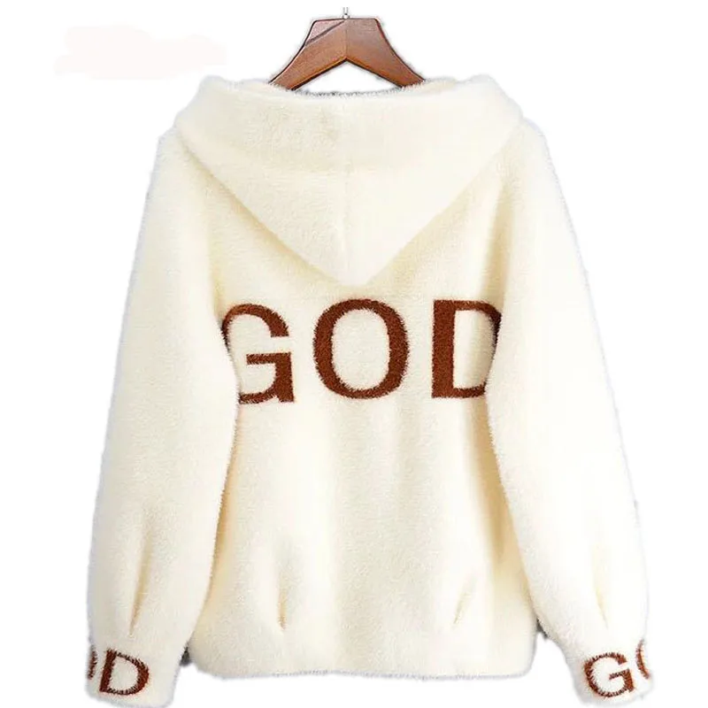 

Mink wool sweater jacket women 2020 autumn and winter women's short hooded letters fashion all-match knitted cardigan buttons