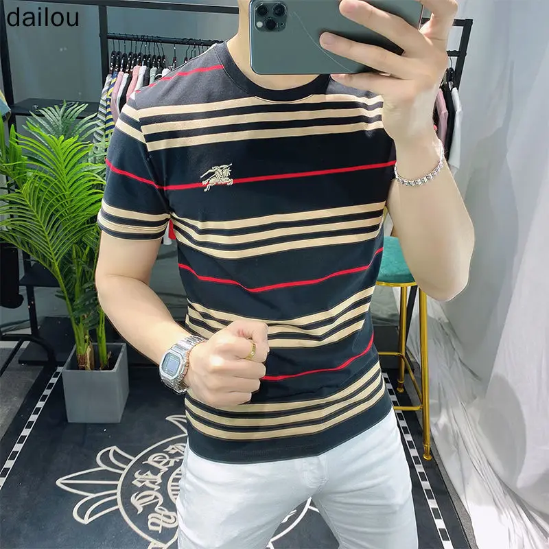 

2021 men's summer slim t-shirt men's tide brand embroidery trend stripes men's short sleeves