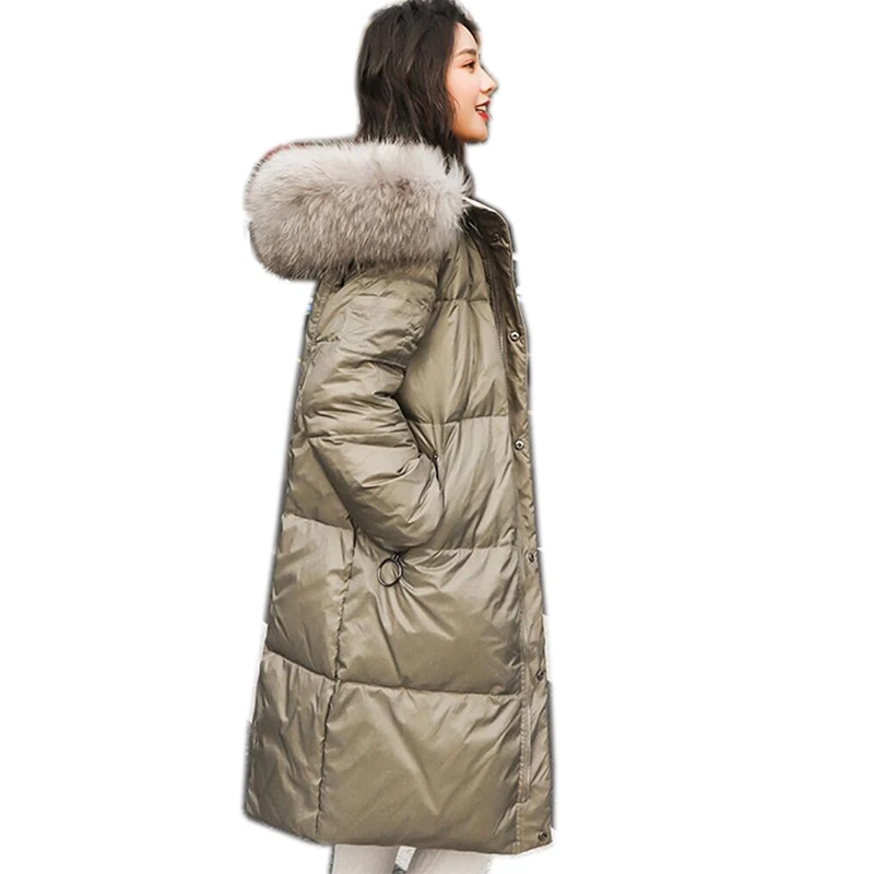 Женский Двухсторонний пуховик Длинная зимняя куртка с капюшоном пуховое пальто