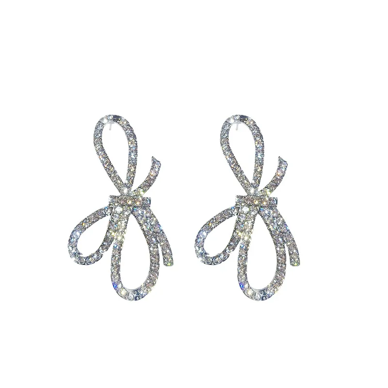 925 silver color needle full zircon big bow earrings female European and American Creativity temperament long | Украшения и