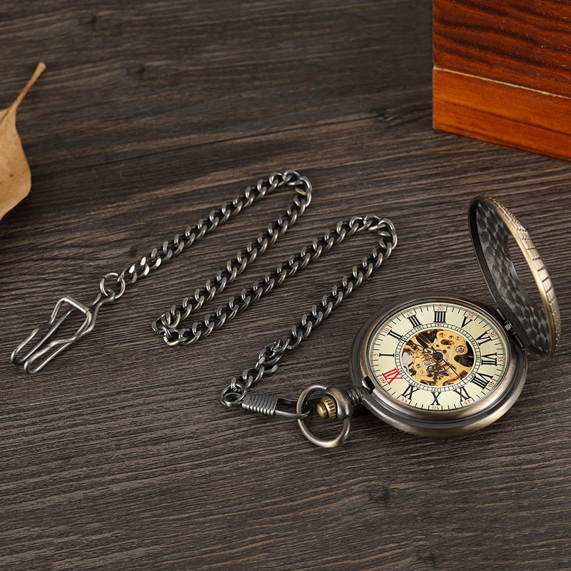 High Quality Wood Mechanical Pocket Watch Antique Skeleton Dial Fob Chain Case Hanging Clock with Gift Box for Men Dropshipping