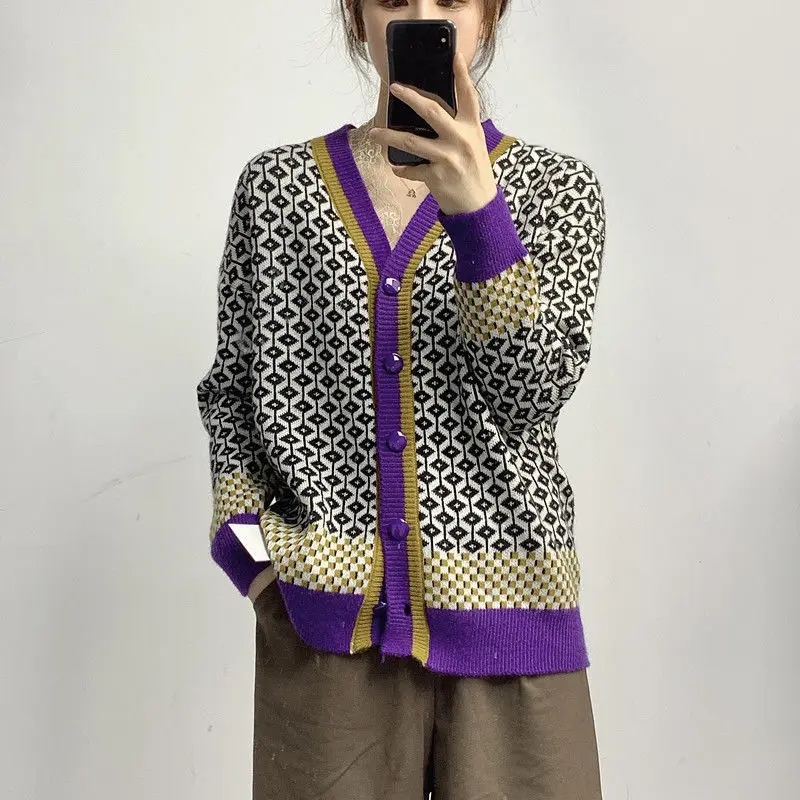 

Korobov Korean V Neck Long Sleeve Cardigans Women Japanese Hit Color Patchwork Plaid Sweater Vintage Button Knit Cardigan