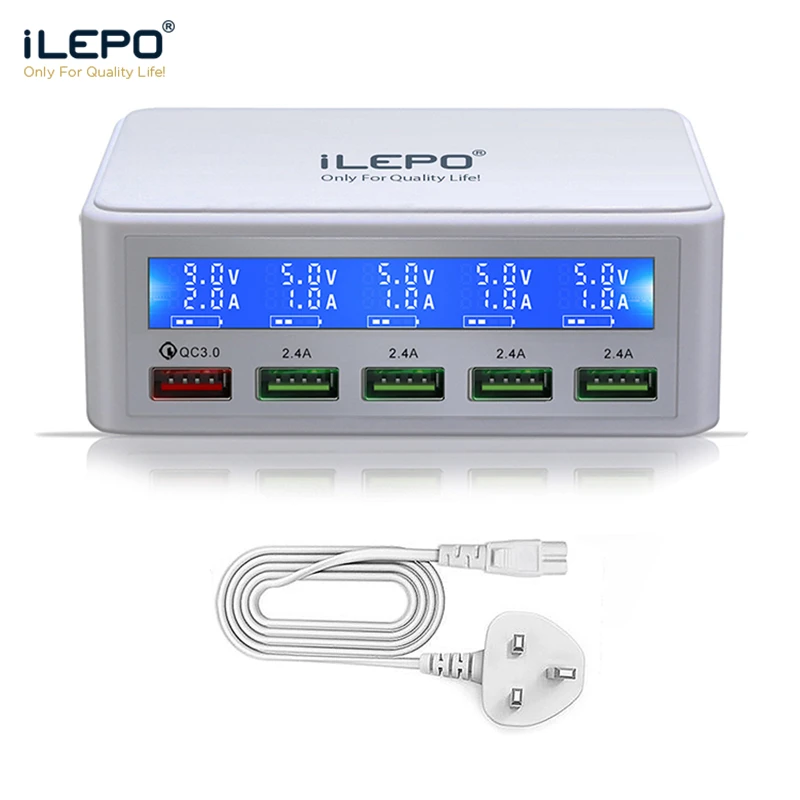 

iLEPO QC 3.0 Quick Charge 5 Port USB LCD Display Charging Station Multi USB Smart Fast Chargeur For Phone Portatil Cargador