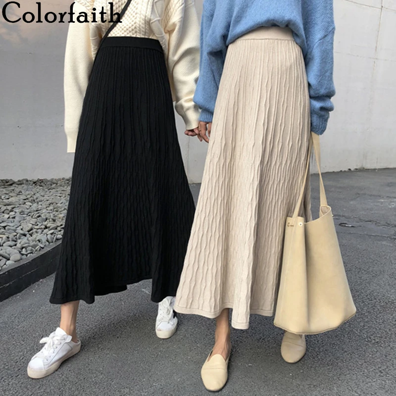 Colorfaith Женская осенне-зимняя трикотажная миди трапециевидная юбка до середины икры имперский корейский стиль элегантный модный однотонный юбка SK4240