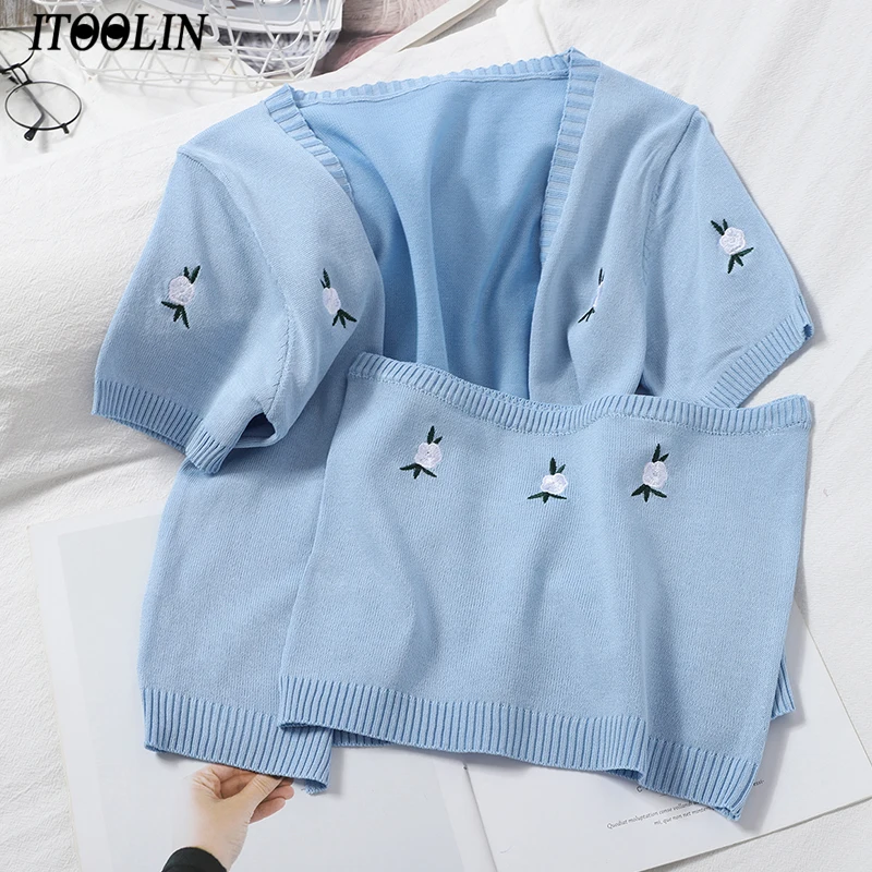 

Heliar Women's Tube Top & Short Sleeve Jacket Two Piece Set Female Embroidery Floral Crop Top Knitted Streetwear Outfits