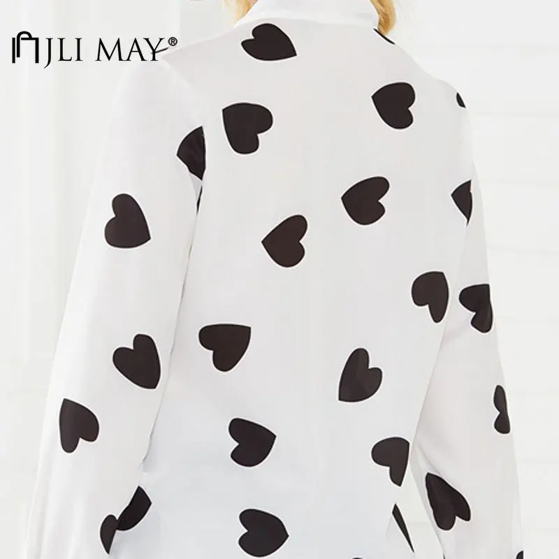 

JLI MAY Women's Shirt Cotton Heart Print Stand Collar Tie Bow Single breasted Long Sleeve Casual Loose Blouses