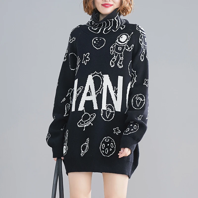 Women Casual Black Turleneck Sweater Letters and Space Pattern Loose Knitting Oversized Clothes | Женская одежда