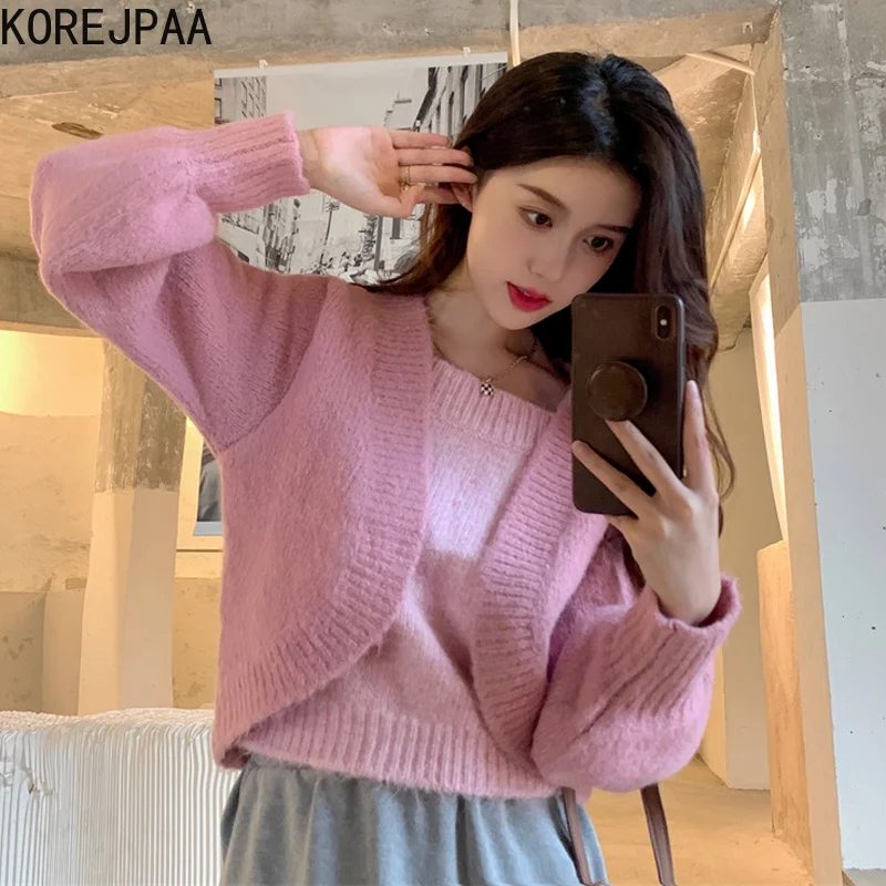 

Korejpaa Fake Two Piece Pullover Women 2021 Autumn Winter Solid Color Patchwork Sweet Square Collar Long Sleeve Sweater Casual