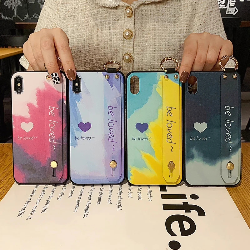 rainbow watercolor wrist strap holder case for samsung s21 s22 pro s8 s9 s10 s20 fe note 20 ultra 10 8 9 a33 53 73 m52 tpu cover free global shipping