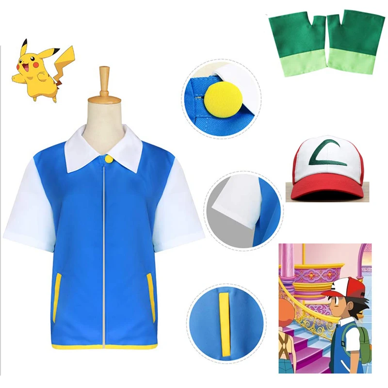 Аниме косплей карманные монстры костюмы Pokemon Ash Ketchum Синяя Куртка+ перчатки+ шляпа Ash Ketchum Косплей Подарки для детей и взрослых