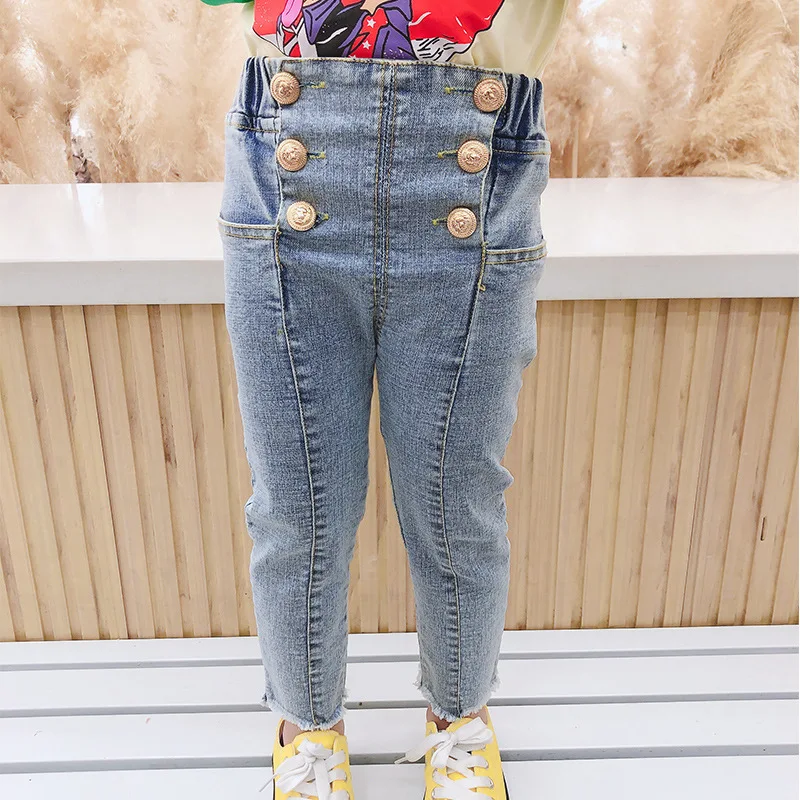 

Spring Children Elastic Jeans Fashion Baby Girl Pencil Pants Leggings Kids High-waisted Buttons Toddler Girl Slim Fit Trousers