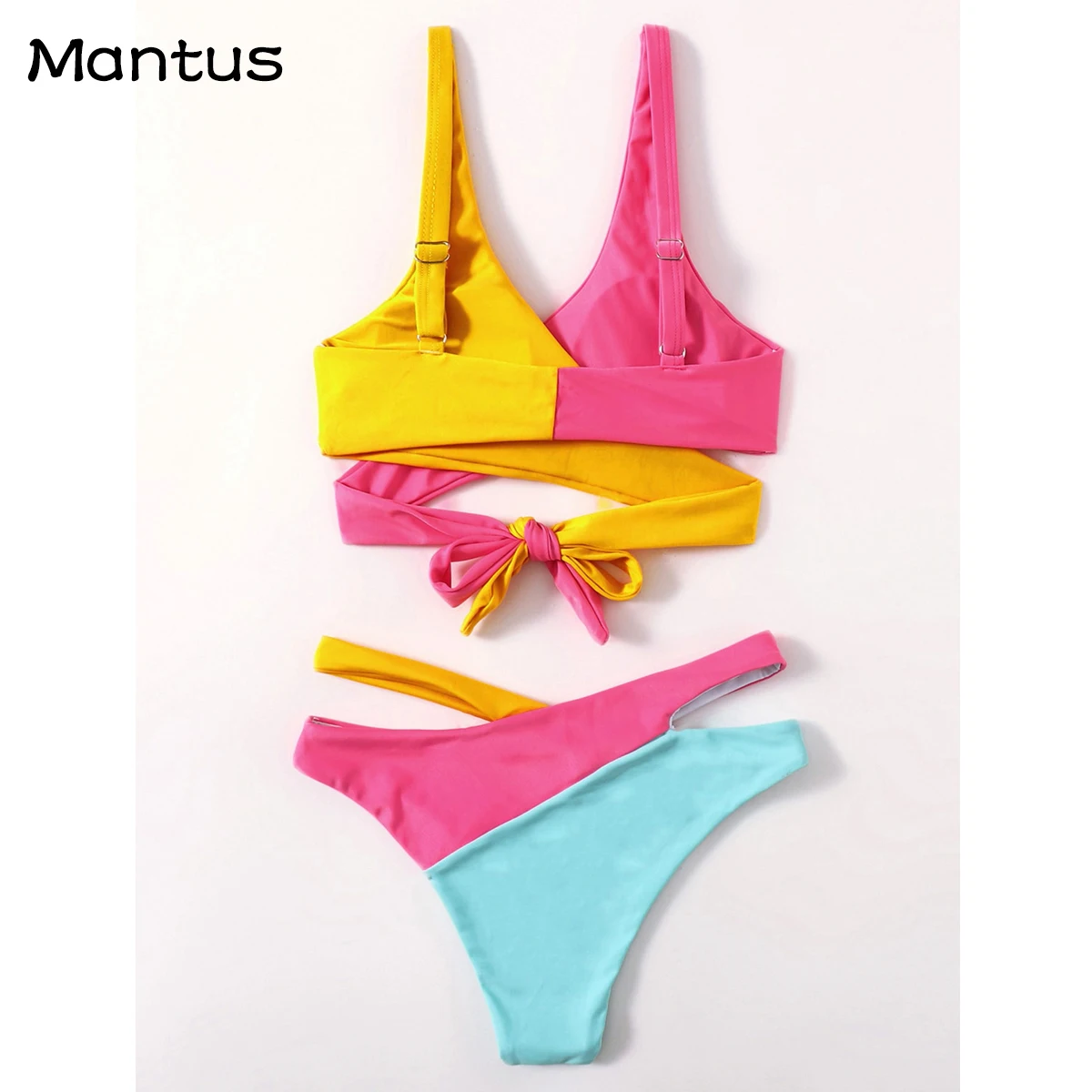 

Yellow Red Stitching Mid-Waist Bikini Sets Swimsuit Women Sexy Lace Up Two Pieces Swimwear 2021 New Beach Bathing Biqiuni Suits