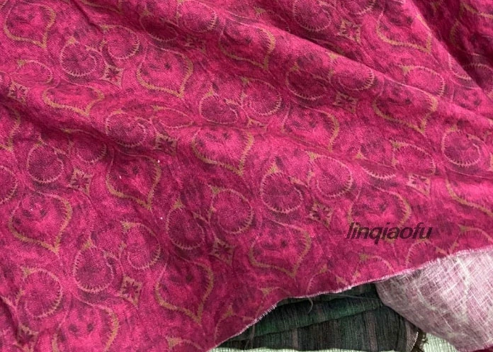 

High quality burgundy linen printed garment fabric