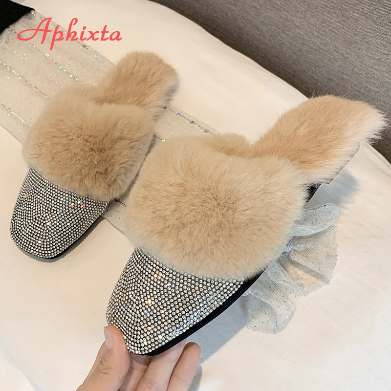 Aphixta/теплые зимние тапочки на натуральном меху; женские шлепанцы с украшением в виде кристаллов; женские пушистые тапочки; женская обувь на плоской подошве с кроличьим мехом