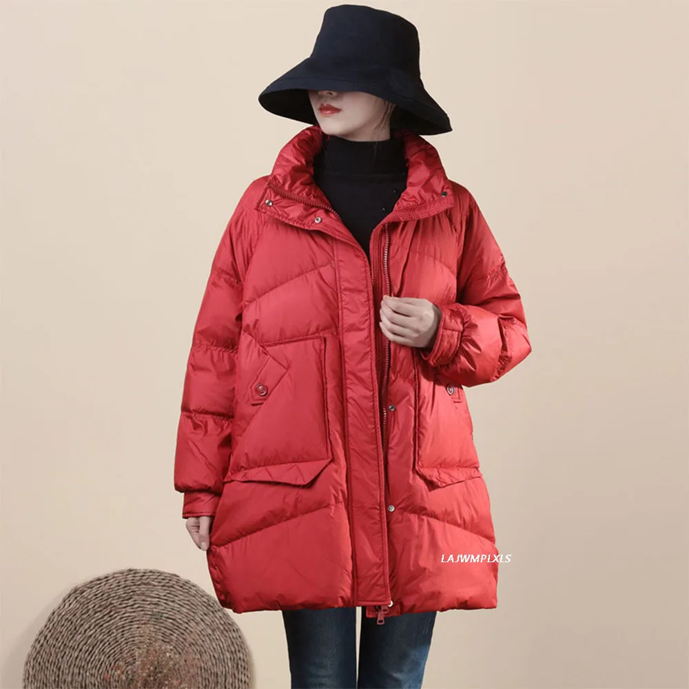 

2021 Women Winter Warm Jacket Female Casual White Duck Down Coat Stand Collar Zipper Big Pocket Down Parkas Loose Outwear