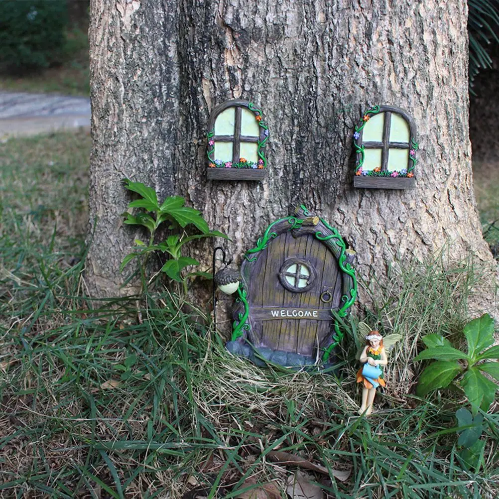 

Resin Miniature Playhouse Fairy Elf Home Door Gnome Windows Chandelier Courtyard Luminous House Tree Decor Glow Christmas Gift