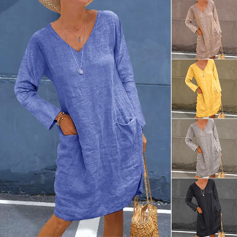 

Women's Fashion Loose Casual Solid Color Pocket Long Sleeve V-neck Cotton Linen Dress