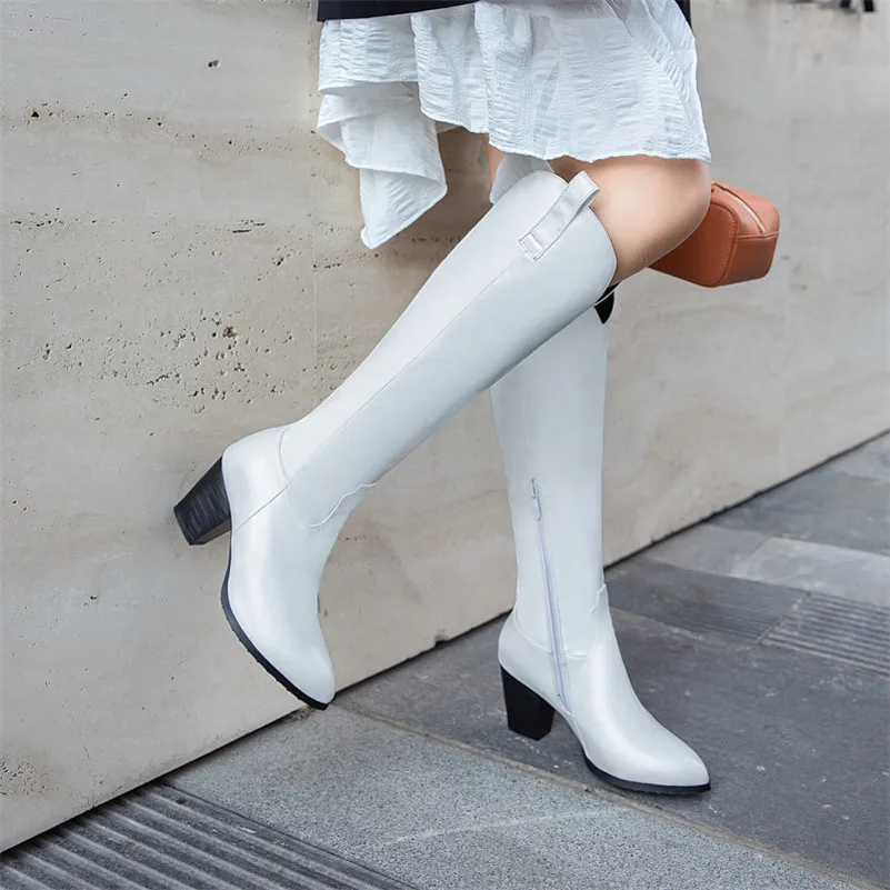 

Meotina Knee-High Boots Women Shoes Pointed Toe Thick Heels Long Boots Zip High Heel Western Boots Lady Winter White Black 33-46