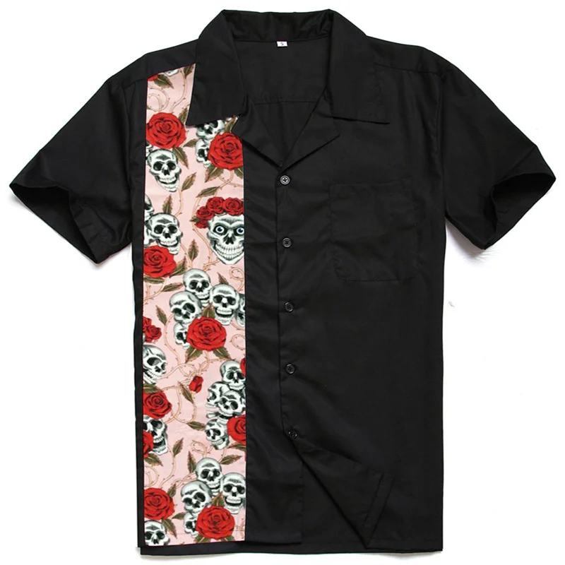 

Hot Sale Summer Printed Casual Shirts with Skull and Rose Design Vintage Men's Patchwork Dress Shirts Black Camisas Para Hombre