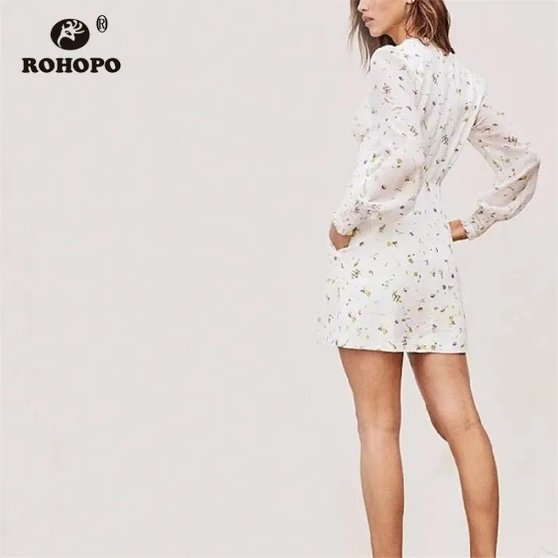 ROHOPO лавандовое цветочное Двухслойное прямое белое мини-платье с длинным рукавом