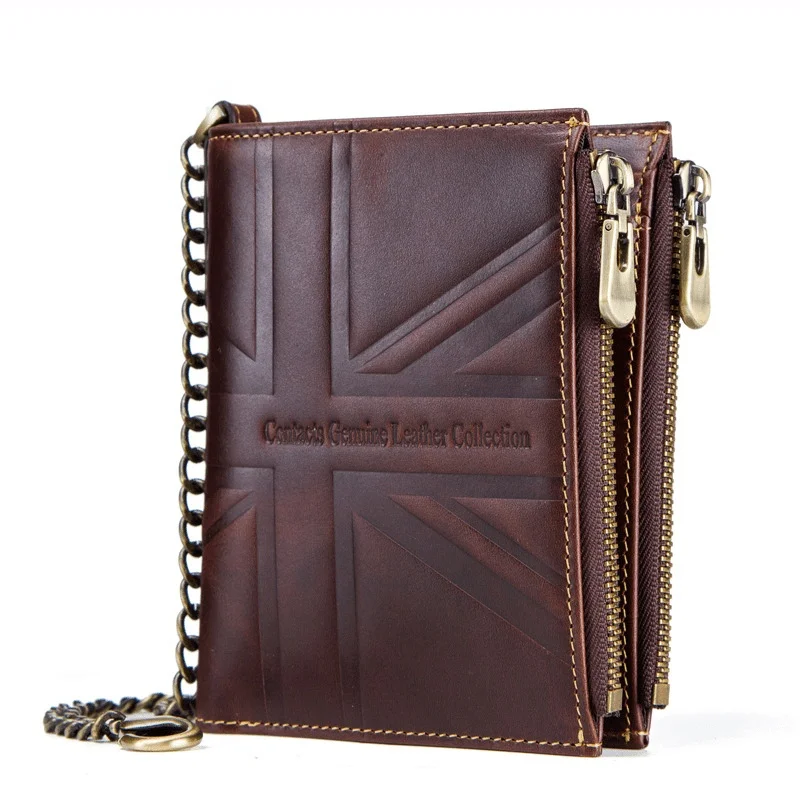 New Design genuine Leather men Double Zipper zero wallet RFID anti theft brush Men's designer wristlet luxury purse holographic