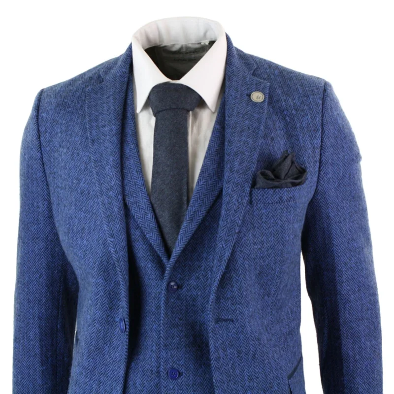 

2020 Blue Mens Suits 3 Piece Tweed Suit Herringbone Wool Vintage Retro Peaky Blinders Fit costume homme