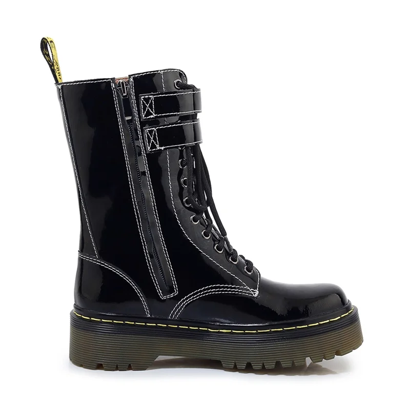 

ZVQ Winter New Fashion Genuine Leather Mid Calf Boots Outside Mid Heels Platform cross-tied Round Toe Women Shoes Drop Shipping