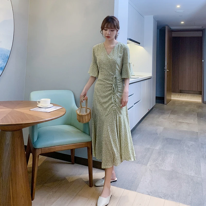 

COIGARSAM, женское длинное платье с цветочным принтом, летние платья с V-образным вырезом, зеленые фрукты, 9072