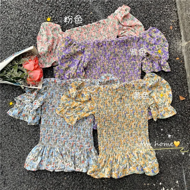 

Summer Chiffon Shirt For Women Fashion Sweet Floral Print Crop Top Trendy Sexy Slim Slash Neck Short Sleeve Blouse