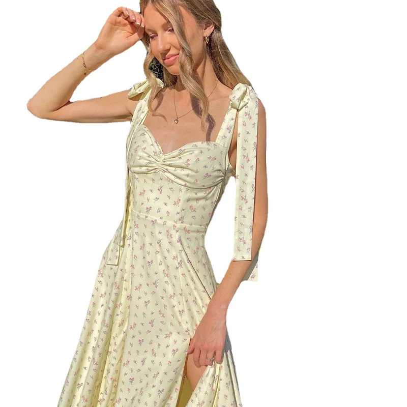 

2021 Summer Sleeveless Sling Floral Print Mid-length Striped Party Club Sexy Halter Dress Encrypted Elegant Split Dress Ladies