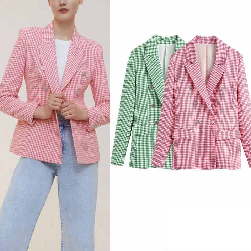 

Za 2021 Summer Pink Green Houndstooth Blazer Vintage Lapel Long Sleeve Blazers Women Casual Double Breasted Pocket Woman Blazer