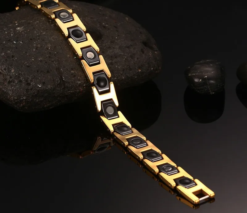 Мужской позолоченный черный мощный браслет с магнитами в стиле панк здоровый из