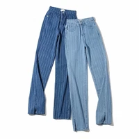 2022 womens spring high waist loose thin side split vertical striped wide leg jeans straight pants blue denim pantalon classic