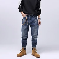 japanese vintage fashion men jeans loose fit retro blue wide leg ripped jeans men american street casual hip hop denim pants