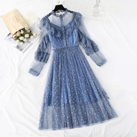 ruffle sequin women dress set mesh hollow out long sleeve womens dresses sets single breasted see through ladies suits
