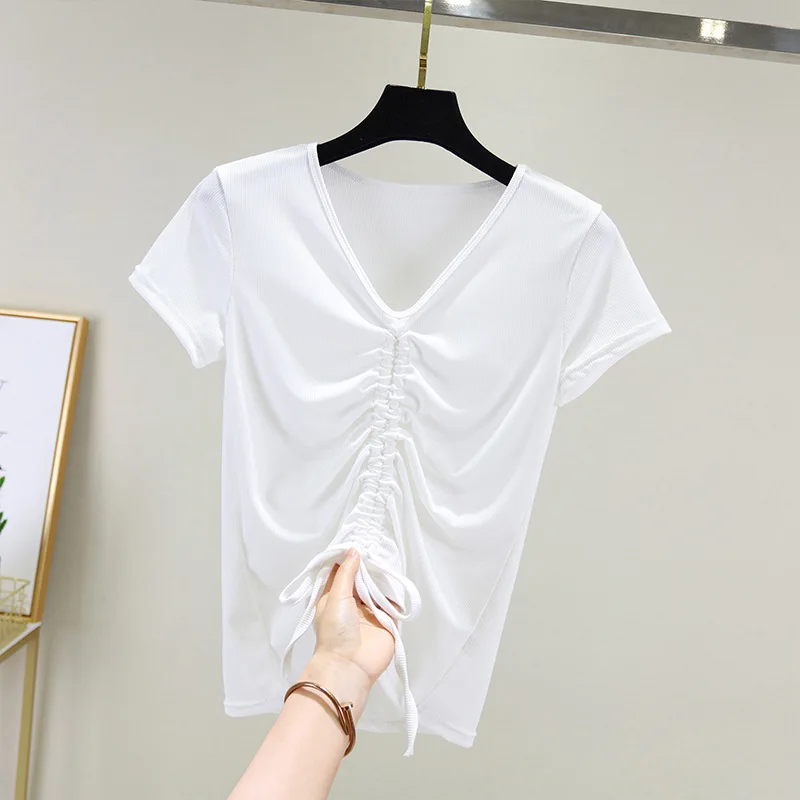 

Pleated short-sleeved t-shirt women summer v-neck large size slimming navel sexy all-match half-sleeved t-shirt Black