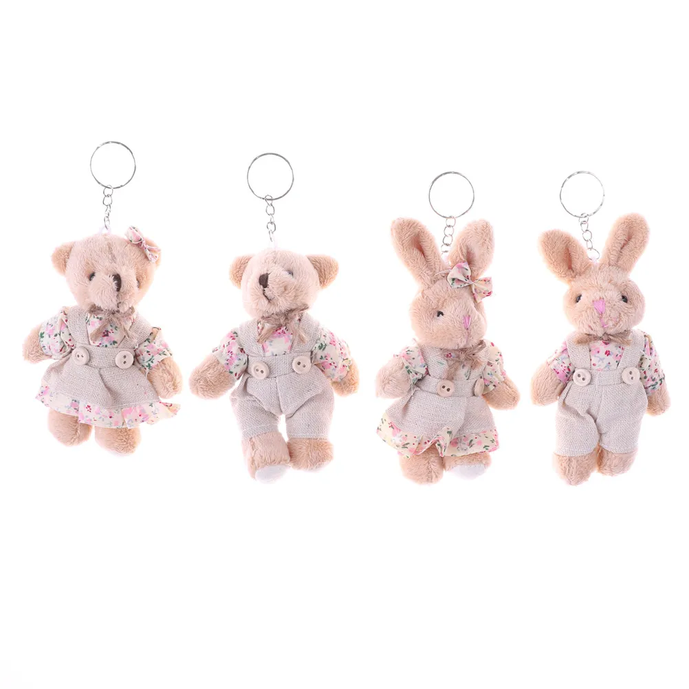 

1 Pair Couple Bear Rabbit Plush Toys Floral Cloth Teddy Bear Rabbit Bunny Dolls Key Bag Pendants Lovers Friends Gift 11cm