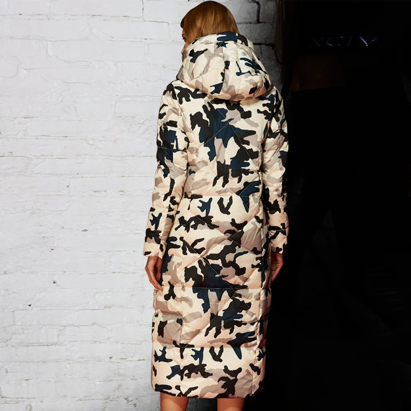 Бренд 2018 зимний Камуфляжный женский пуховик длинный на утином пуху утепленное