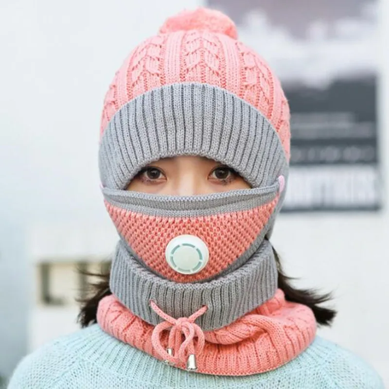 

2020 New Winter Women's Warm Beanies Novelty Knitted Hats With Mask Plus Velvet Thickened Cold-proof Wool Beanie Women Ski Cap