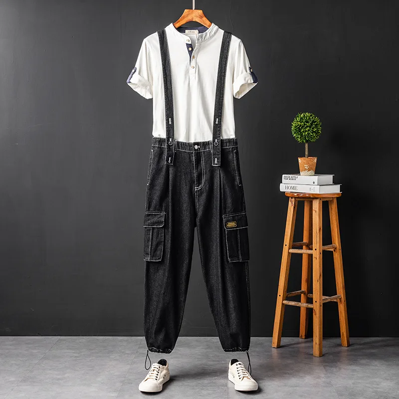 Men Denim Bib Overalls Beam Feet Casual Pants Loose Fashion Big Pocket Hip Hop Streetwear Jumpsuit Black Jeans Freight Trousers