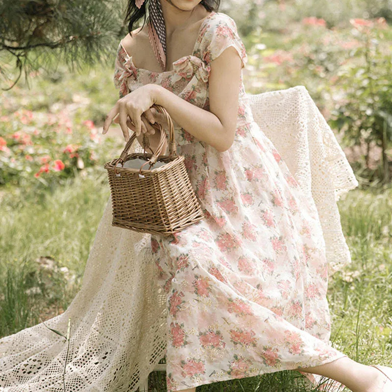 2021 Summer New Vintage Women Fairy Dress French Strap Floral Printed Hollow Out Romantic Vestidos Elegant Florals Chiffon | Женская