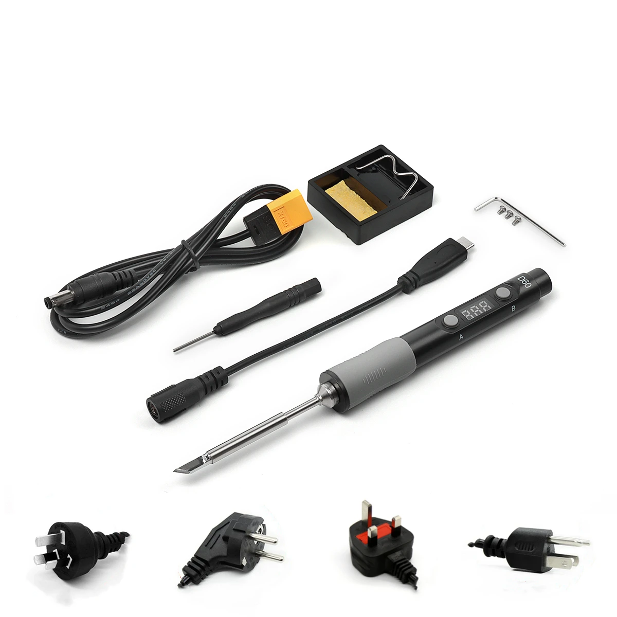

Portable Mini Electric Soldering Iron Kit 60W 12V-24V Adjustable Temperature Digital Display Typc-C Charger XT60 Cable